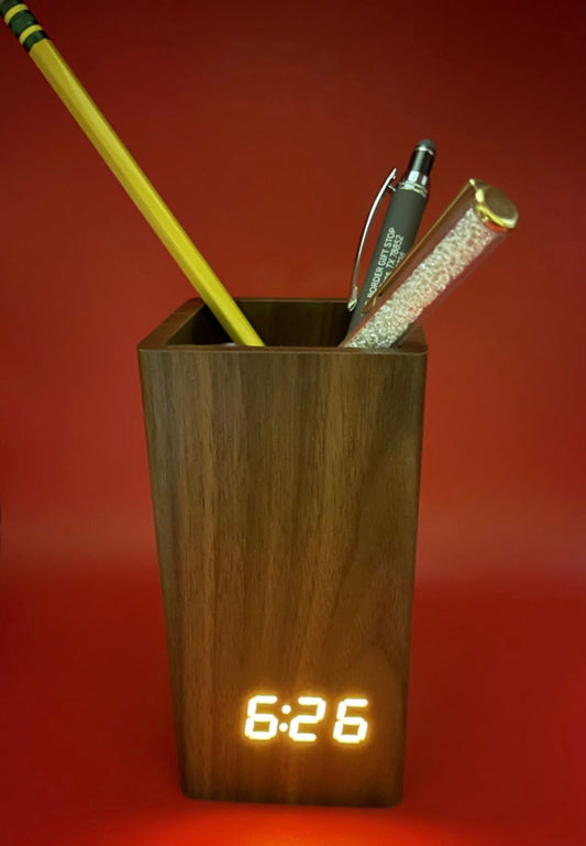 Wood Pen Holder - Desk Gift With LED Clock And Alarm - In Brown