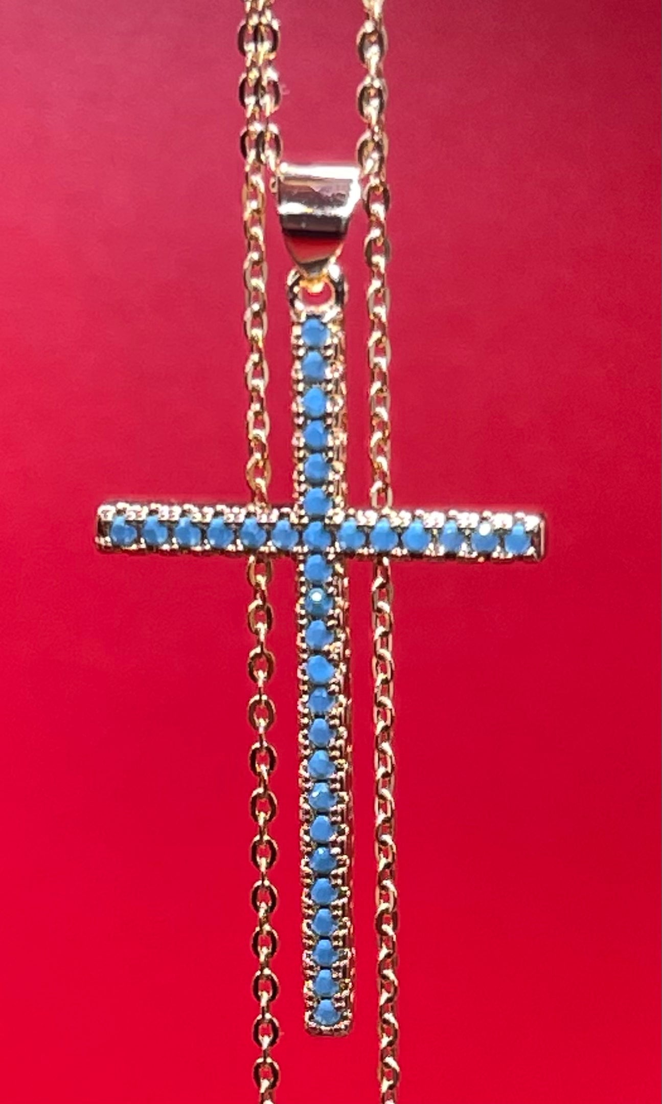 Colorful Zinc Cross Pendant 18 Inch Link Chain Necklace 18K Gold Plating For Men Or Women Light Blue