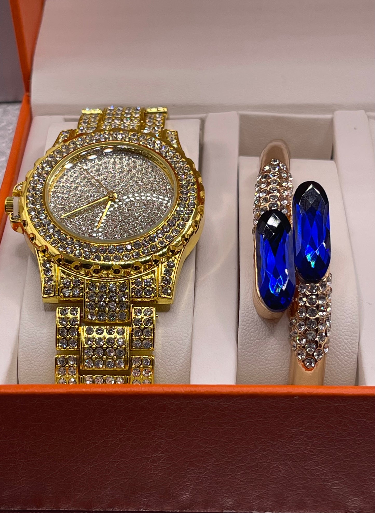 Gift Item For Women - 5 Piece Fashion Bling Iced Out Gold Blue