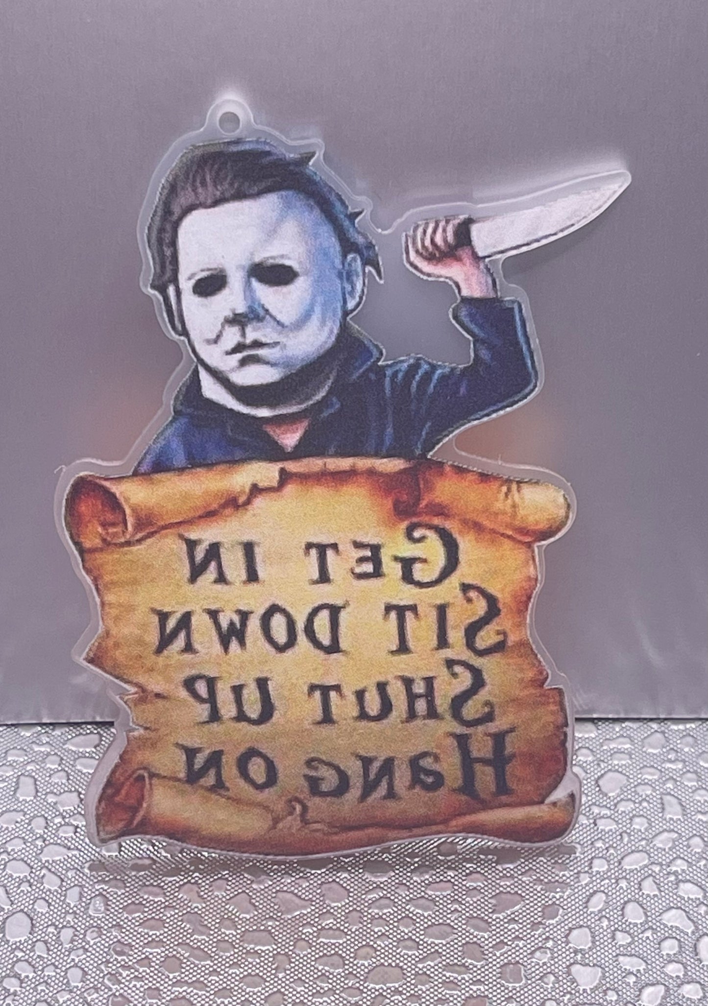 Halloween Decorations Horror Hanging Car Ornament Michael Myers Get In Sit Down Shut Up Hang On